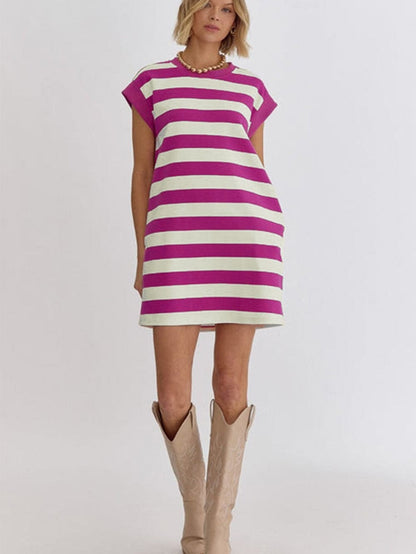 Rose Striped Cap Sleeve Pocket Shift T-shirt Dress
