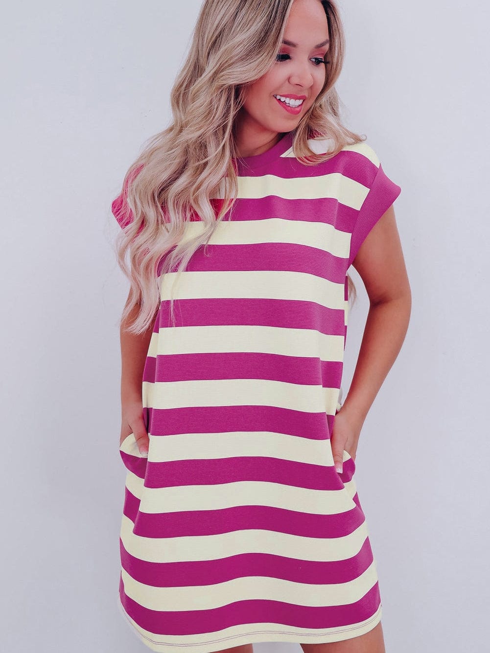 Rose Striped Cap Sleeve Pocket Shift T-shirt Dress