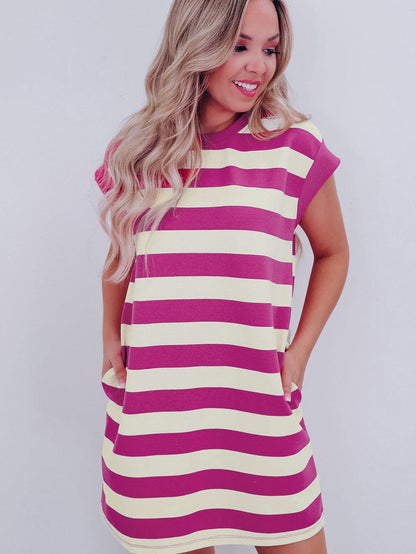 Rose Striped Cap Sleeve Pocket Shift T-shirt Dress