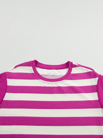 Rose Striped Cap Sleeve Pocket Shift T-shirt Dress