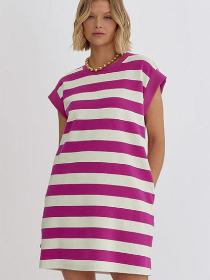 Rose Striped Cap Sleeve Pocket Shift T-shirt Dress