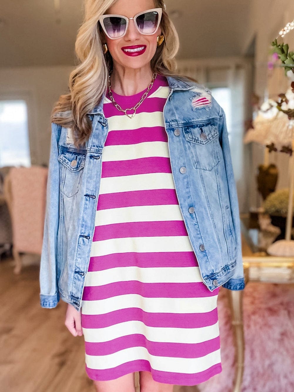 Rose Striped Cap Sleeve Pocket Shift T-shirt Dress