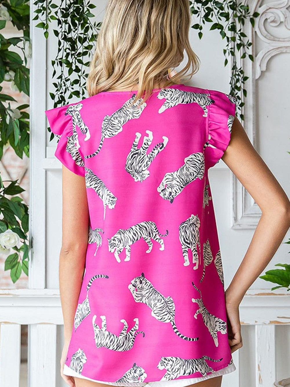 Rose Tiger Print Flutter Sleeve Round Neck Blouse