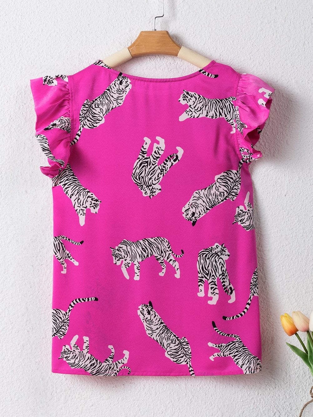 Rose Tiger Print Flutter Sleeve Round Neck Blouse