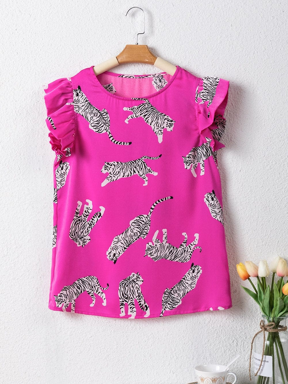 Rose Tiger Print Flutter Sleeve Round Neck Blouse