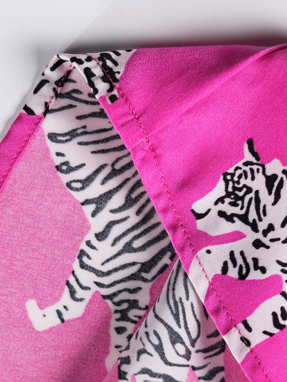 Rose Tiger Print Flutter Sleeve Round Neck Blouse