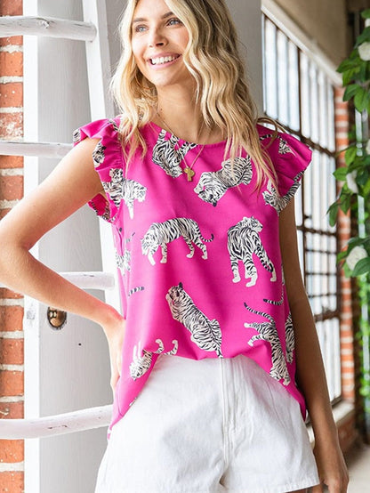 Rose Tiger Print Flutter Sleeve Round Neck Blouse