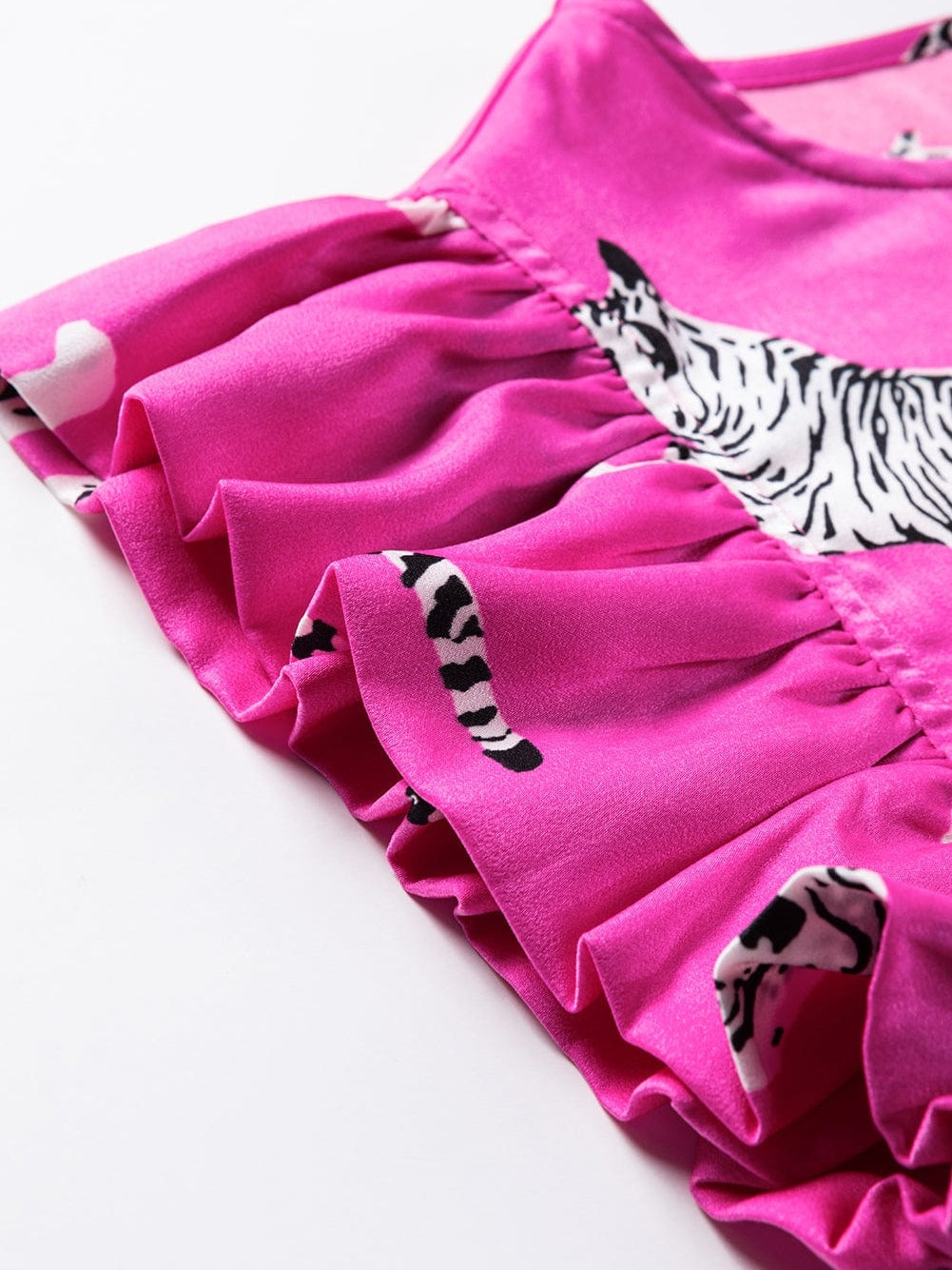 Rose Tiger Print Flutter Sleeve Round Neck Blouse