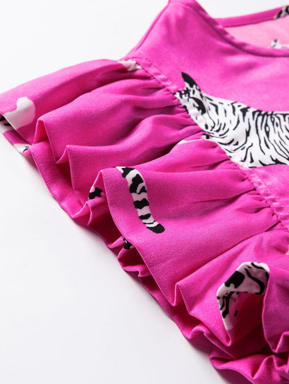 Rose Tiger Print Flutter Sleeve Round Neck Blouse