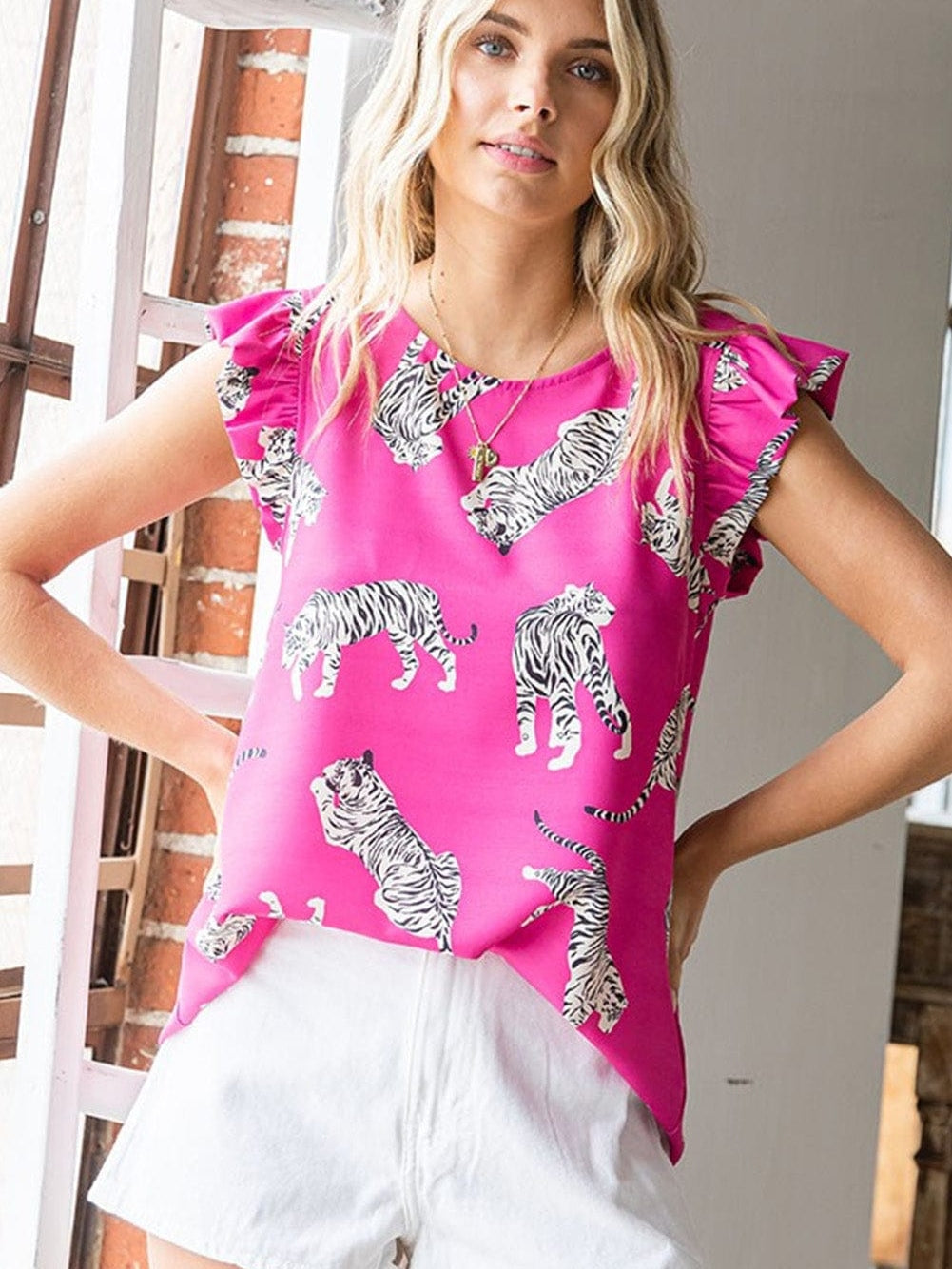 Rose Tiger Print Flutter Sleeve Round Neck Blouse