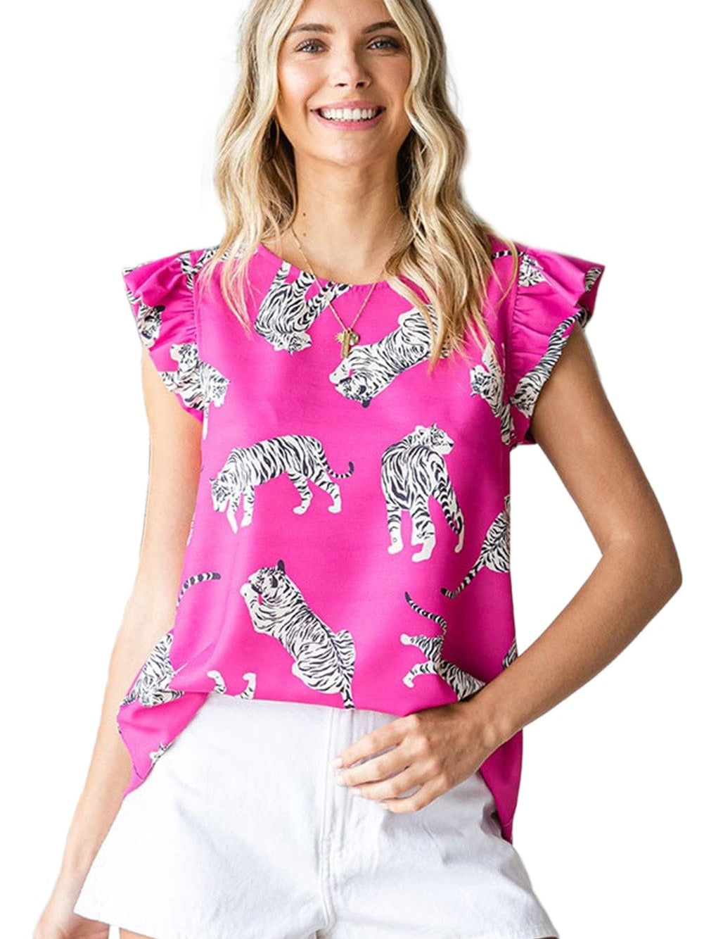 Rose Tiger Print Flutter Sleeve Round Neck Blouse
