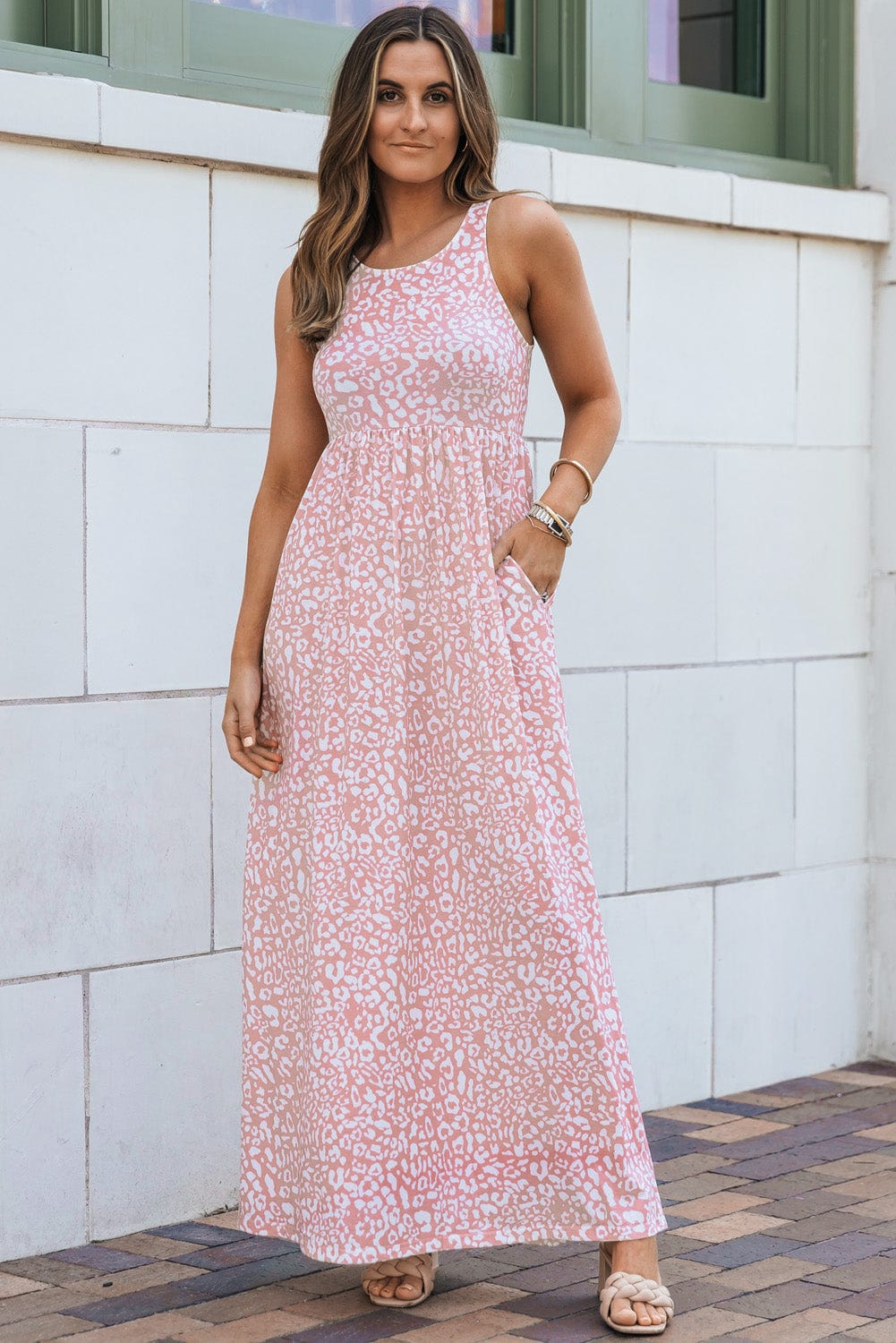 Rosy Leopard Print Sleeveless Maxi Dress with Pockets