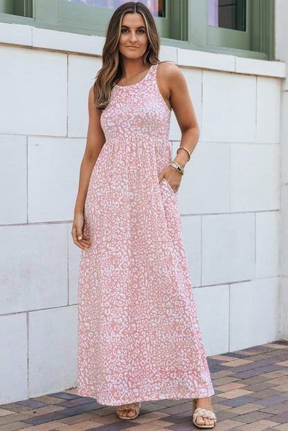 Rosy Leopard Print Sleeveless Maxi Dress with Pockets