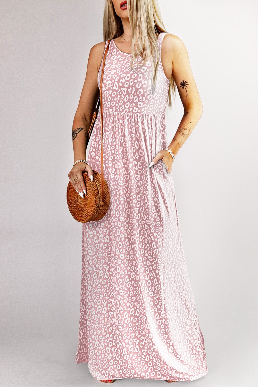 Rosy Leopard Print Sleeveless Maxi Dress with Pockets