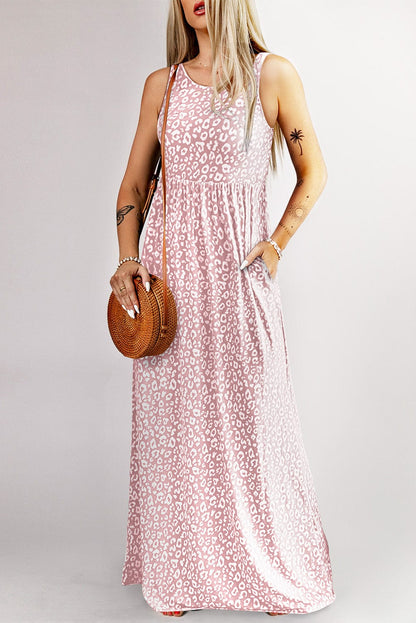 Rosy Leopard Print Sleeveless Maxi Dress with Pockets