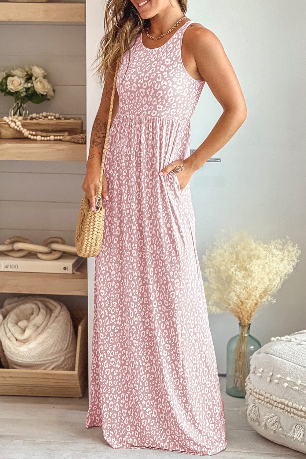 Rosy Leopard Print Sleeveless Maxi Dress with Pockets