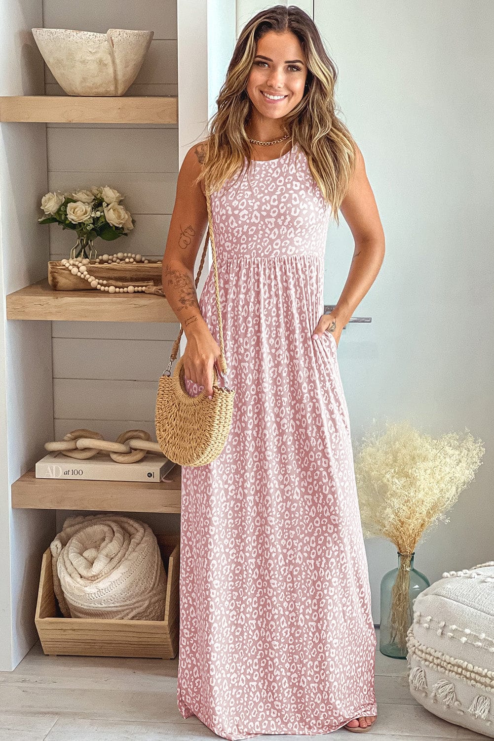 Rosy Leopard Print Sleeveless Maxi Dress with Pockets