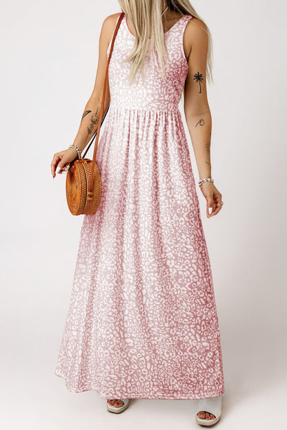 Rosy Leopard Print Sleeveless Maxi Dress with Pockets
