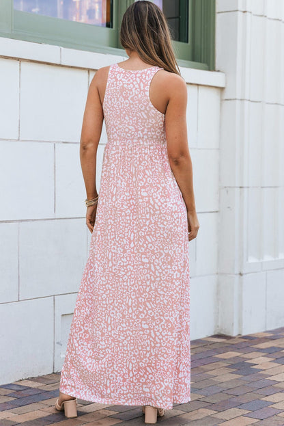 Rosy Leopard Print Sleeveless Maxi Dress with Pockets