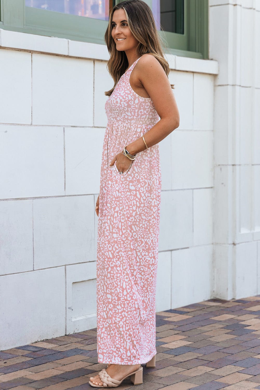 Rosy Leopard Print Sleeveless Maxi Dress with Pockets