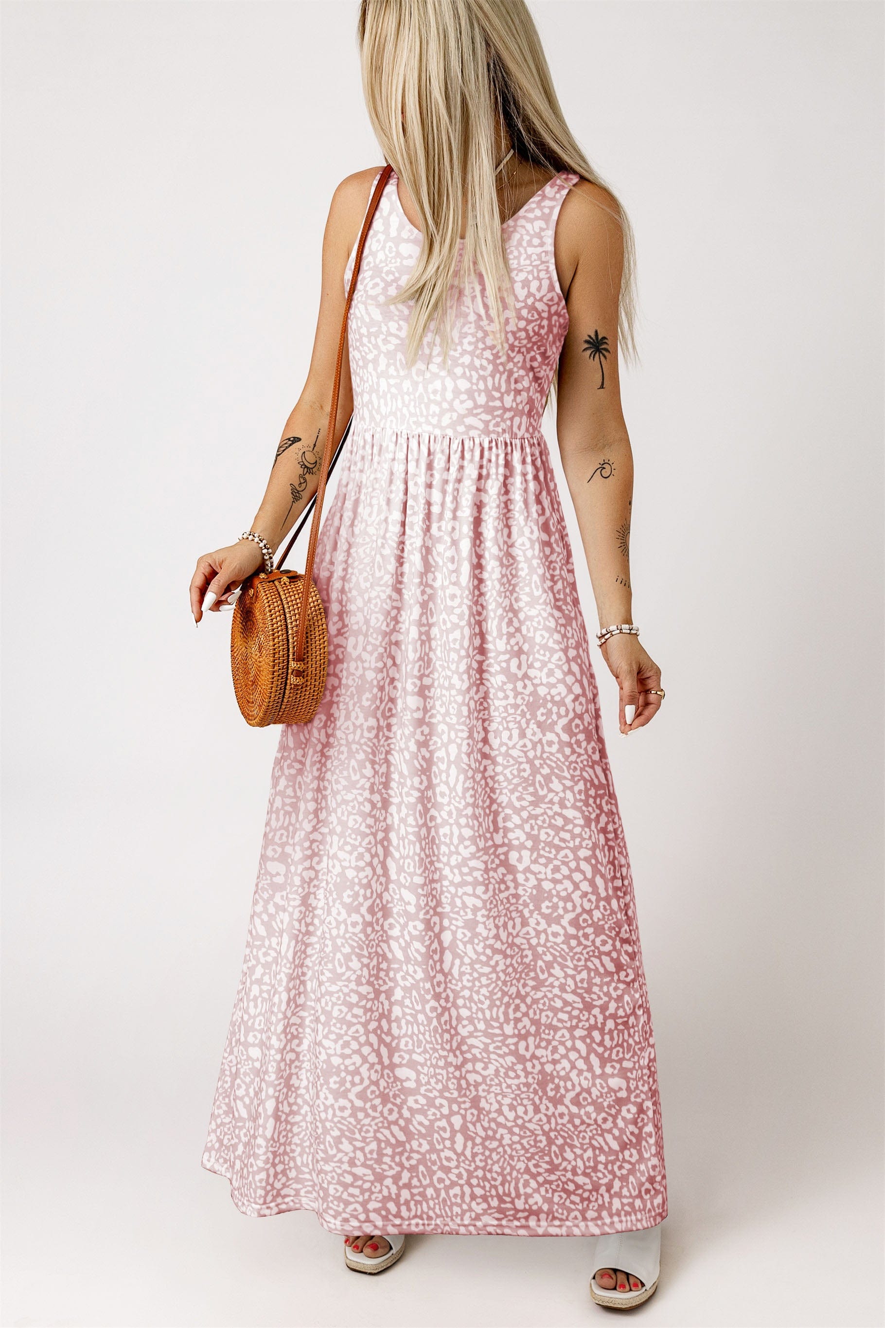Rosy Leopard Print Sleeveless Maxi Dress with Pockets
