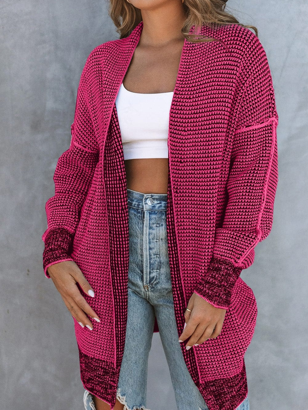 Rosy Plaid Knit Longline Open Front Cardigan