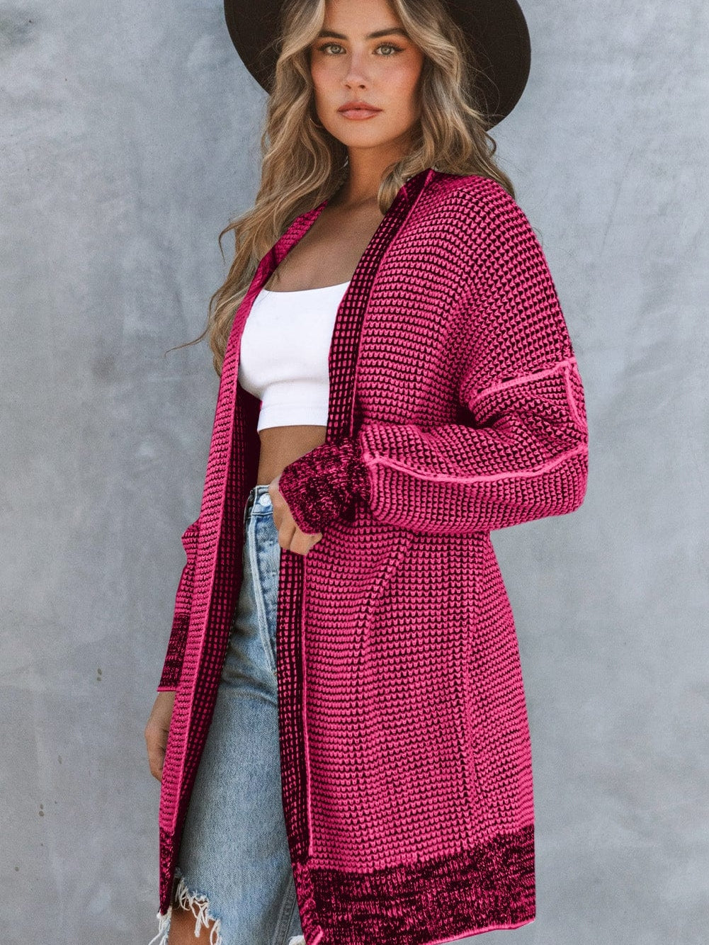 Rosy Plaid Knit Longline Open Front Cardigan