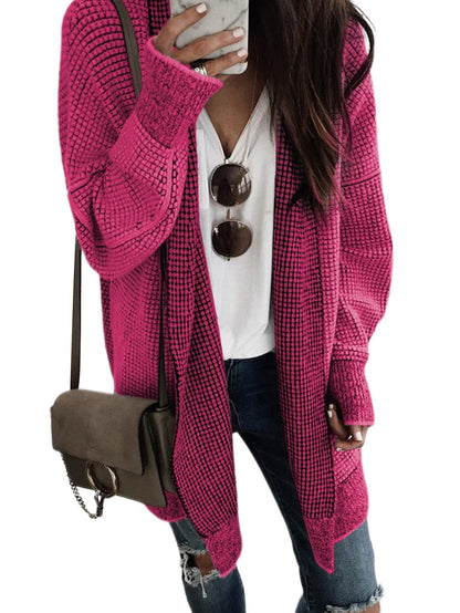Rosy Plaid Knit Longline Open Front Cardigan
