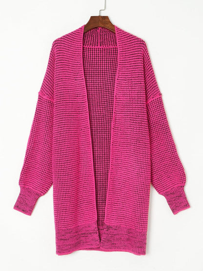 Rosy Plaid Knit Longline Open Front Cardigan