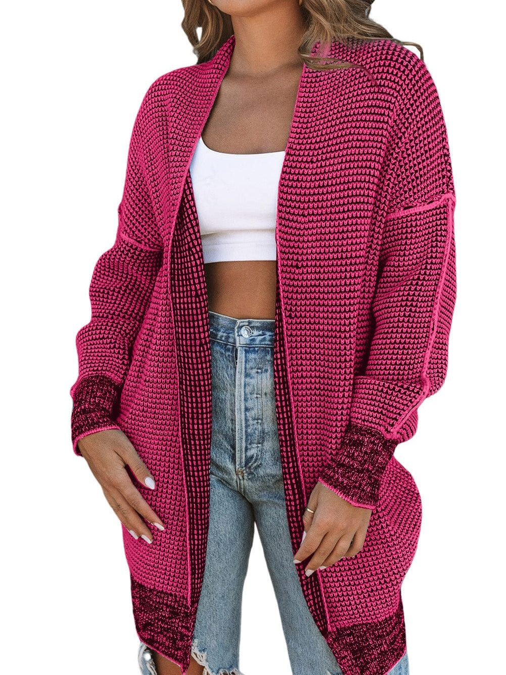 Rosy Plaid Knit Longline Open Front Cardigan