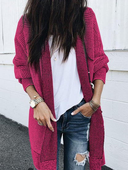 Rosy Plaid Knit Longline Open Front Cardigan