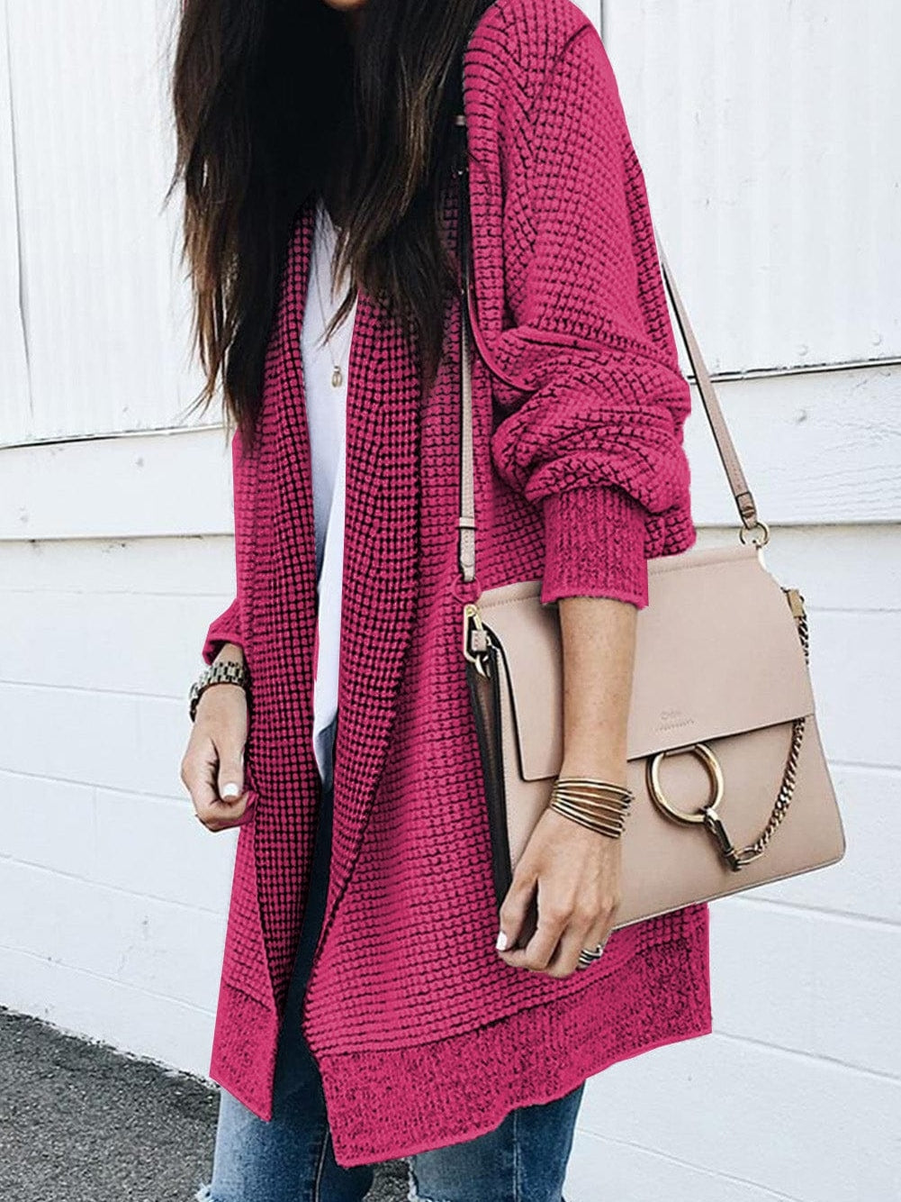 Rosy Plaid Knit Longline Open Front Cardigan
