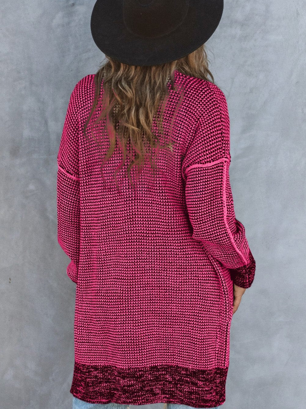 Rosy Plaid Knit Longline Open Front Cardigan