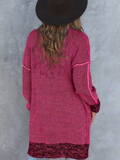 Rosy Plaid Knit Longline Open Front Cardigan