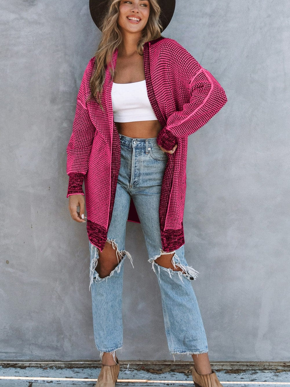 Rosy Plaid Knit Longline Open Front Cardigan