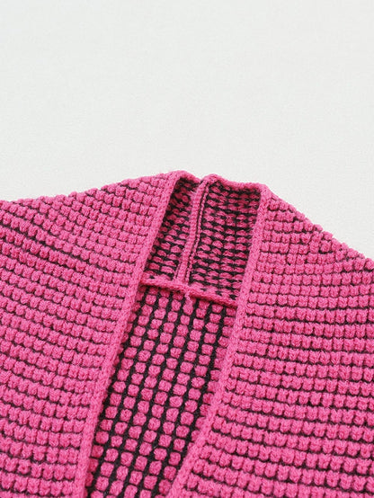 Rosy Plaid Knit Longline Open Front Cardigan