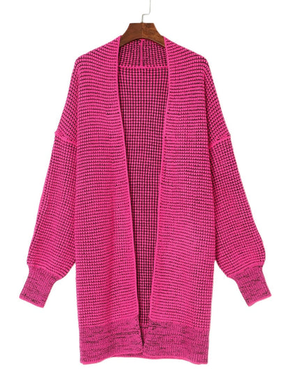 Rosy Plaid Knit Longline Open Front Cardigan