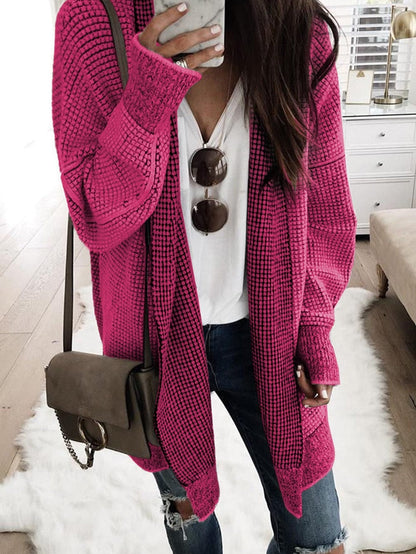 Rosy Plaid Knit Longline Open Front Cardigan