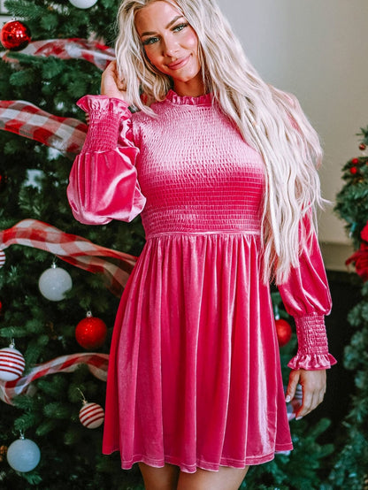Rosy Ruffle Velvet Mini Shift Dress