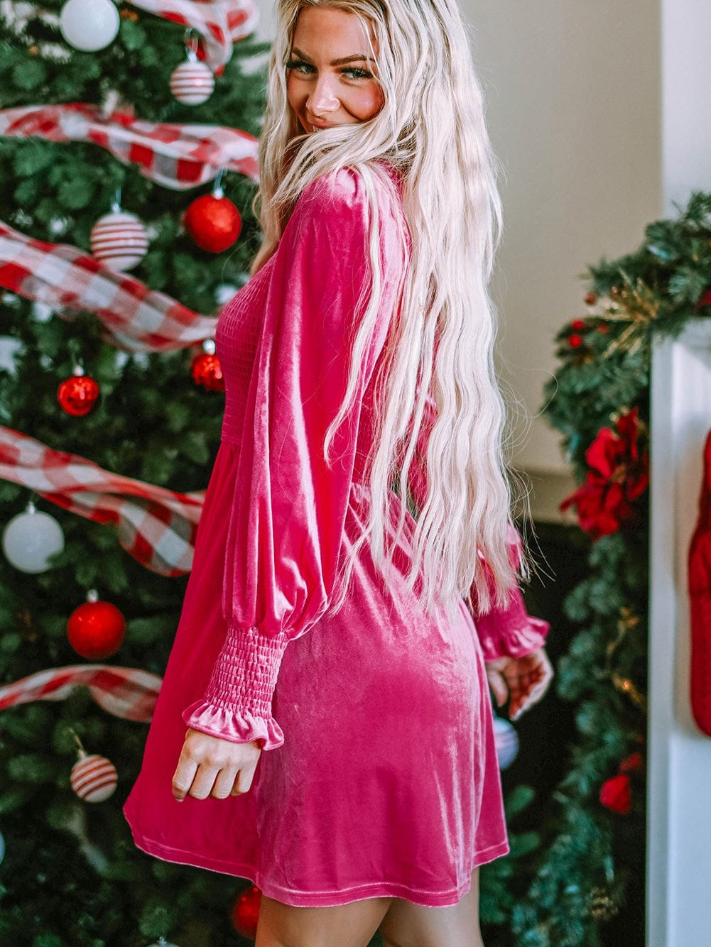 Rosy Ruffle Velvet Mini Shift Dress