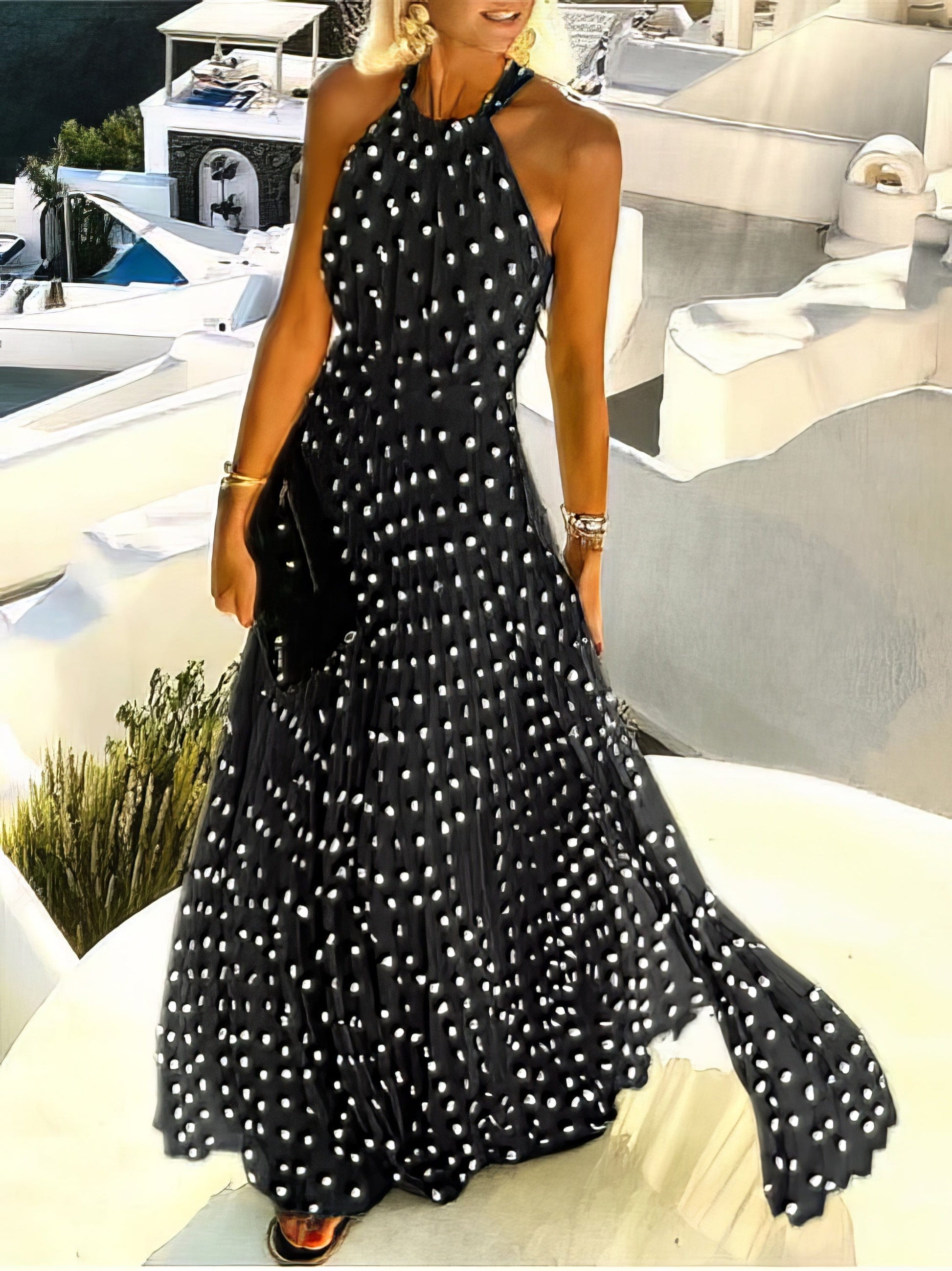 Round Neck Sleeveless Polka Dot Print Dress