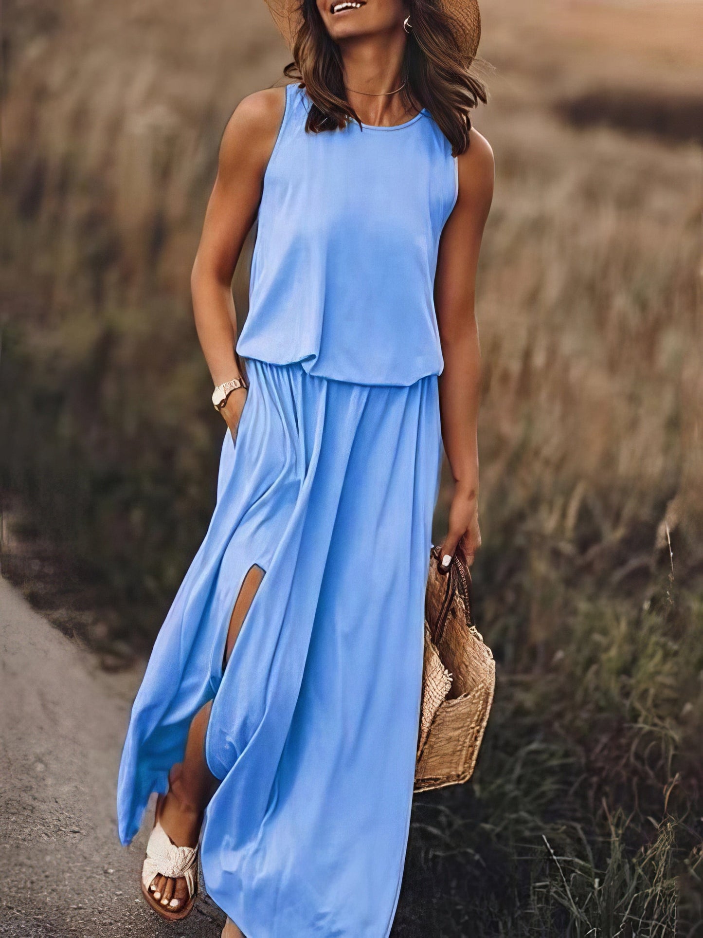 Round Neck Solid Color Sleeveless Split Dress