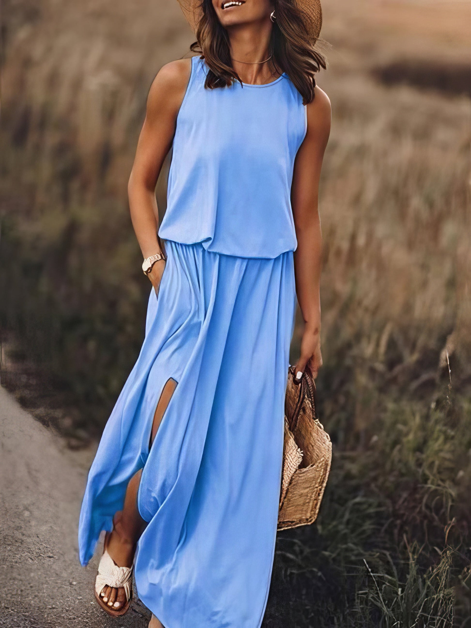 Maxi Dresses - Round Neck Solid Color Sleeveless Split Dress - MsDressly