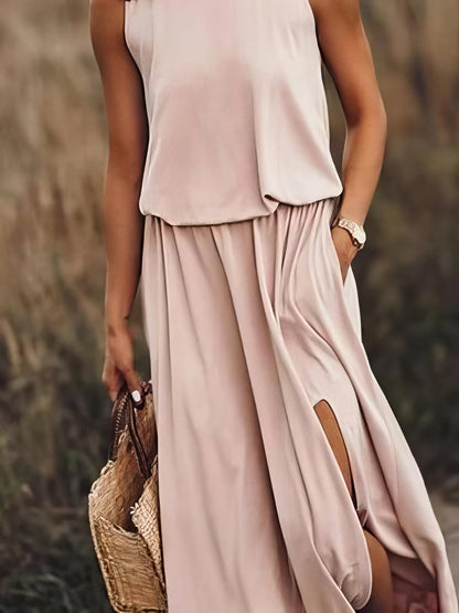 Maxi Dresses - Round Neck Solid Color Sleeveless Split Dress - MsDressly