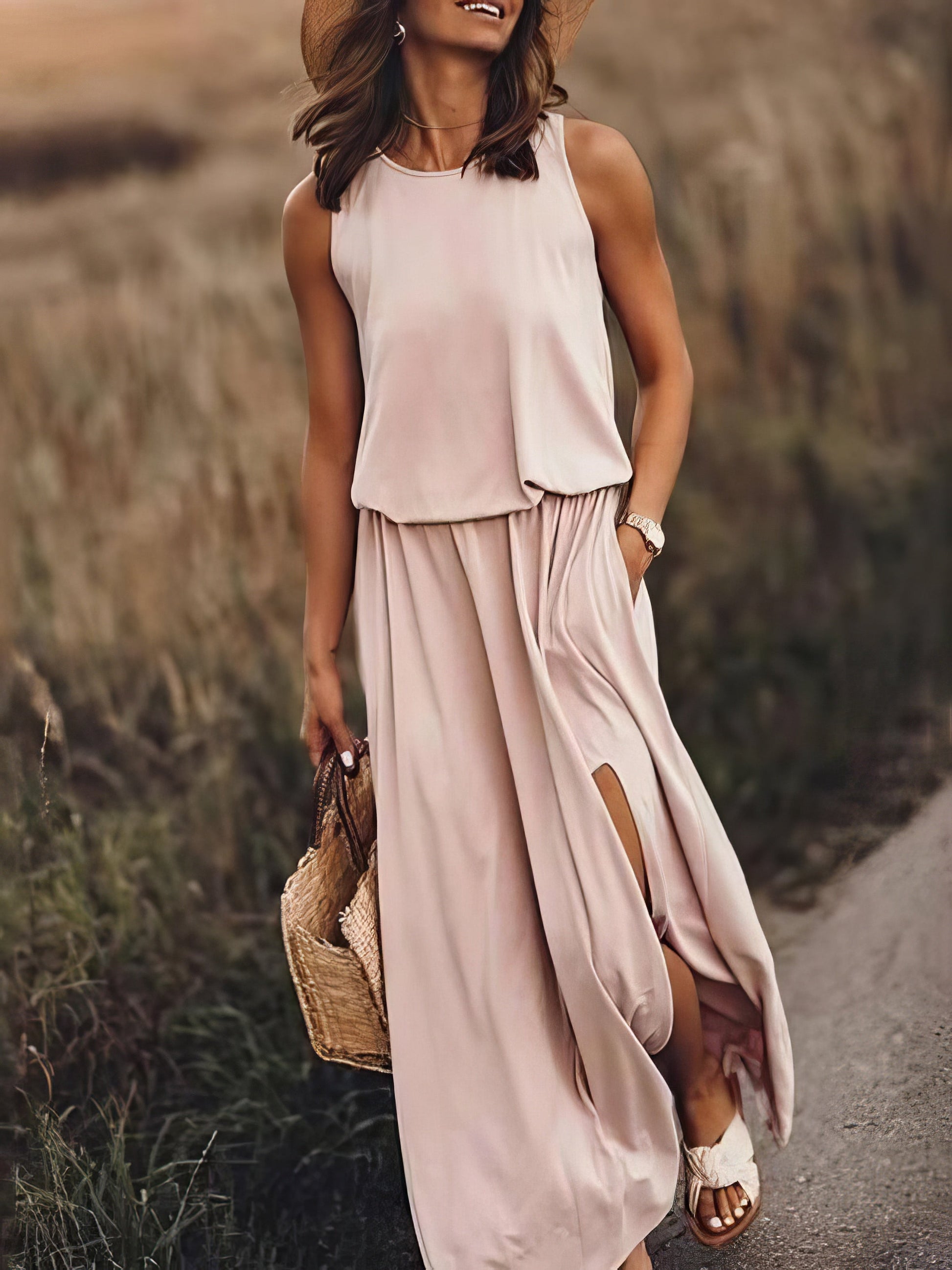 Maxi Dresses - Round Neck Solid Color Sleeveless Split Dress - MsDressly