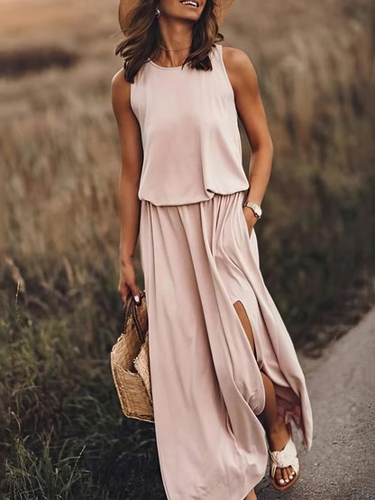 Maxi Dresses - Round Neck Solid Color Sleeveless Split Dress - MsDressly