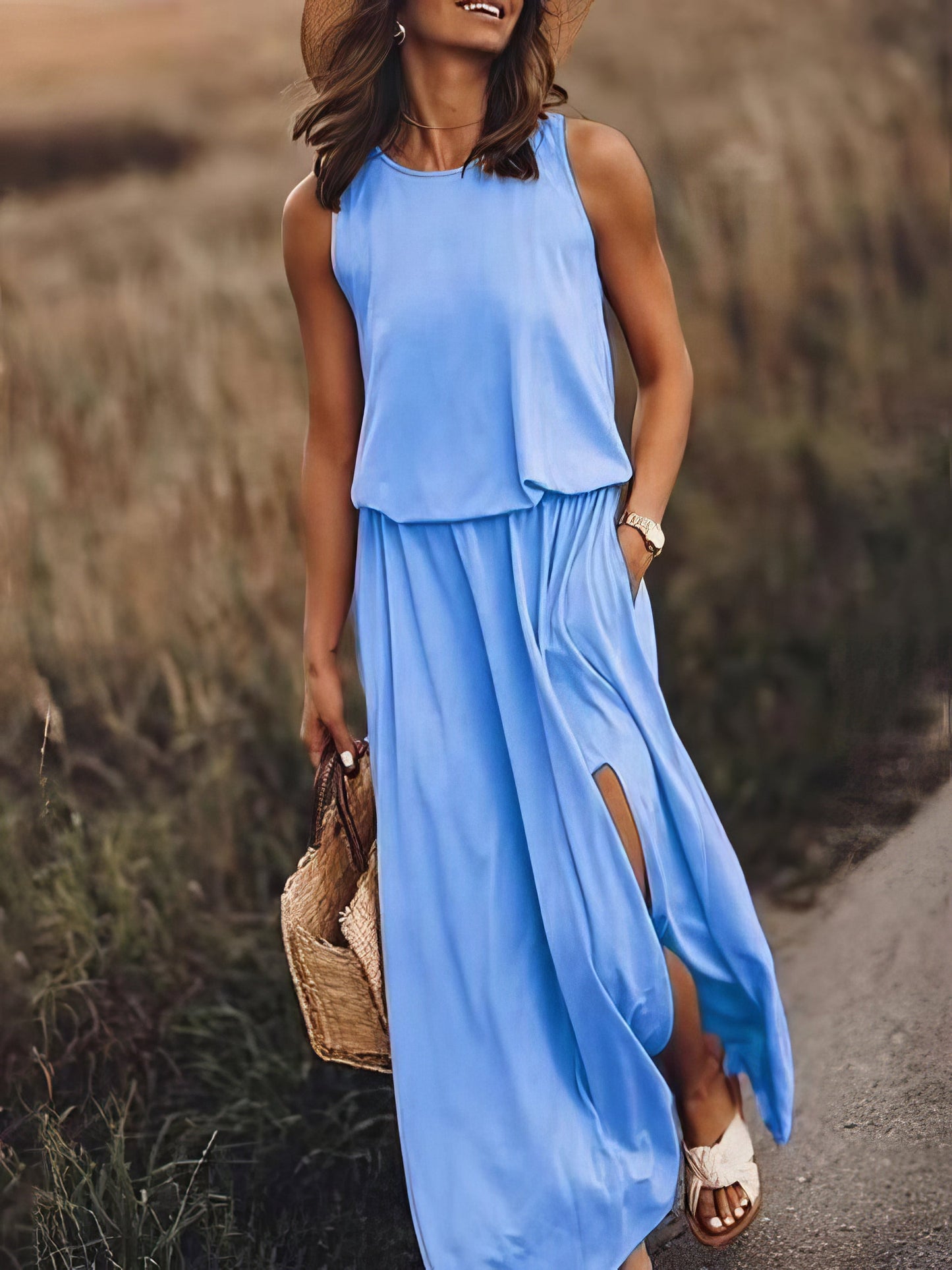 Maxi Dresses - Round Neck Solid Color Sleeveless Split Dress - MsDressly