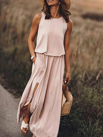 Maxi Dresses - Round Neck Solid Color Sleeveless Split Dress - MsDressly