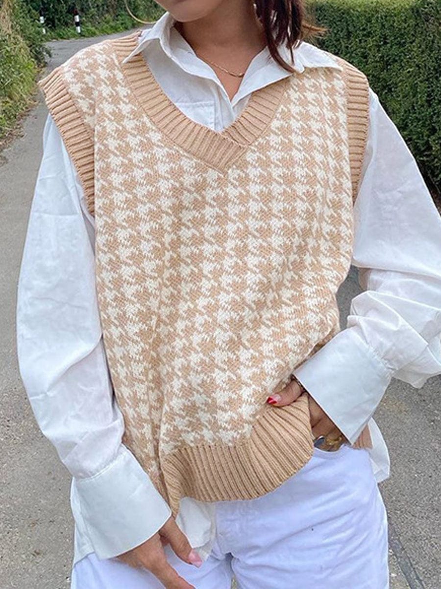 Round Neck Vest Sleeveless Houndstooth Plaid Knitted Sweater