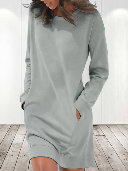 Rounded Neckline Long Sleeve Dress with Pockets